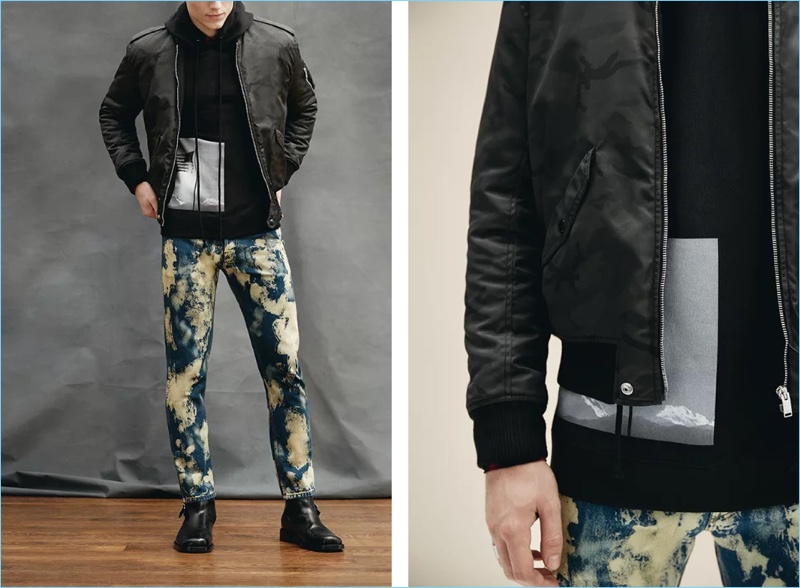 Get into the modern bleached denim trend with these Gucci slim-fit studded acid-washed denim jeans $860. Mr Porter makes a casual style statement pairing the jeans with a Saint Laurent camouflage-print shell bomber jacket $2,290, Alexander Wang wool and cashmere-blend zip-up hoodie $365, and Balenciaga leather jodhpur boots $945.