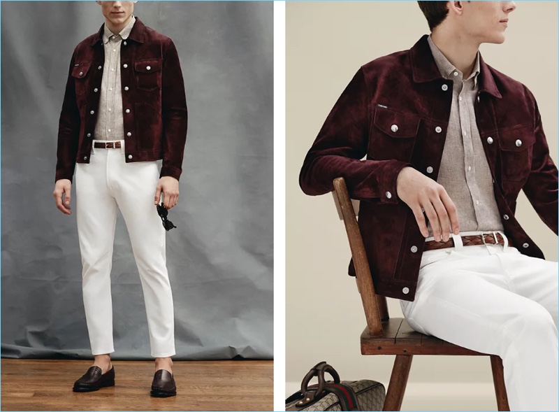 Prada's white slim-fit tapered denim jeans $620 steal the spotlight. Pair the summer staple with a Tom Ford slim-fit suede jacket $5,990 and Brunello Cucinelli button-down collar slub linen shirt $475. This look also enjoys accessories such as a Brunello Cucinelli 2.5cm brown braided leather belt $575, Helbers polished leather loafers $695, and Moscot Gelt square-frame tortoiseshell acetate sunglasses $290.