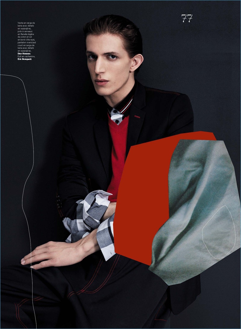 Front and center, Xavier Buestel dons a red, black and white look by Dior Homme with a cashmere Eric Bompard sweater.