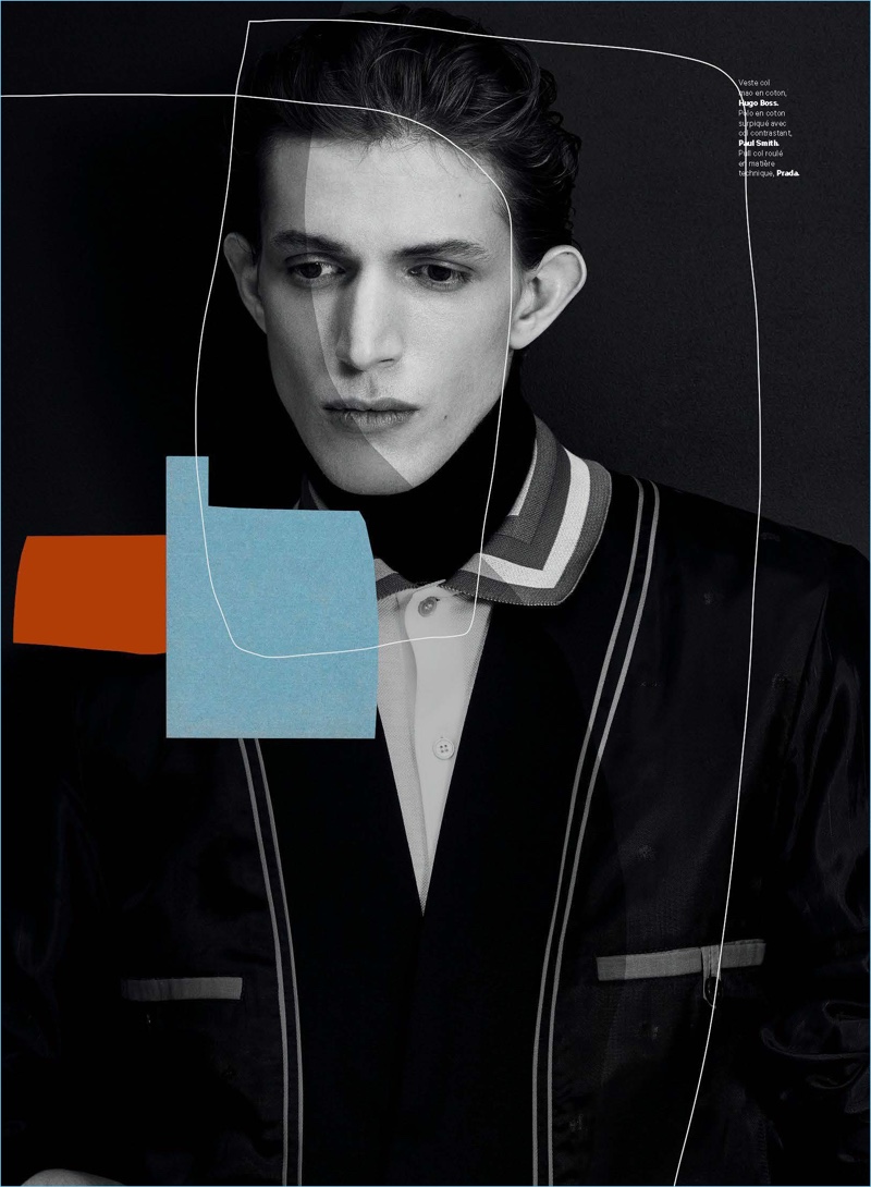 Appearing in a shoot for Les Échos Série Limitée, Xavier Buestel wears a Hugo Boss jacket with a Paul Smith polo, and Prada turtleneck.