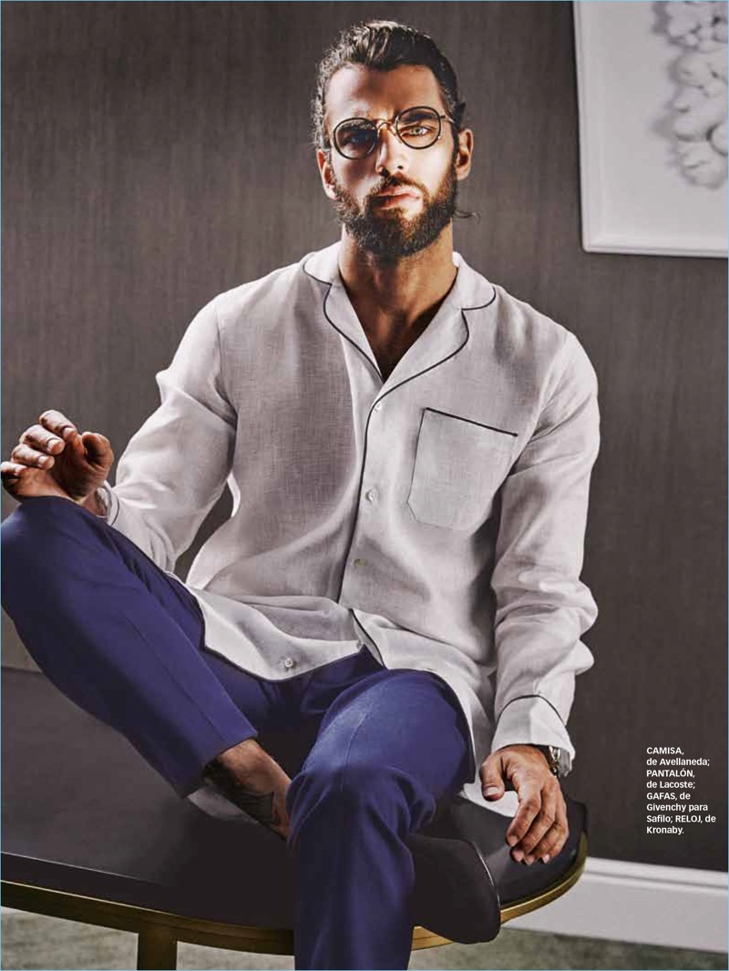 Sporting Givenchy glasses, Spyros Christopoulos wears an Avellaneda pajama-inspired shirt and Lacoste trousers with a Kronaby watch.