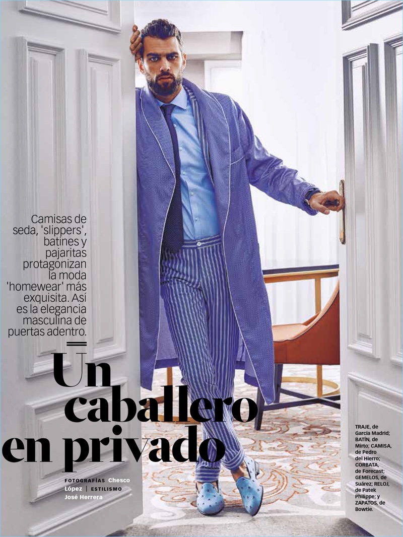 A dandy image at home, Spyros Christopoulos sports a Garcia Madrid suit with a Mirto robe and Pedro del Hierro shirt. Spyros also sports a Forecast tie, Suarez trousers, and Bowtie shoes.
