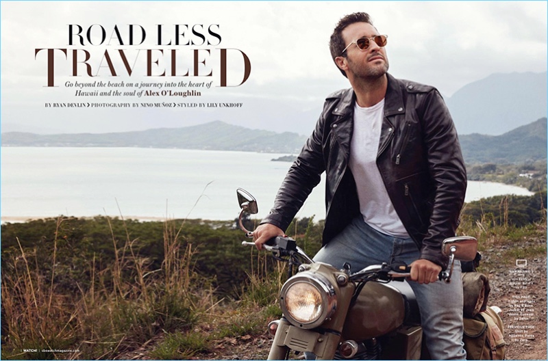 Actor Alex O'Loughlin wears a Rag & Bone t-shirt and jeans with a Joe's Jeans leather biker jacket. O'Loughlin also rocks Sama sunglasses.