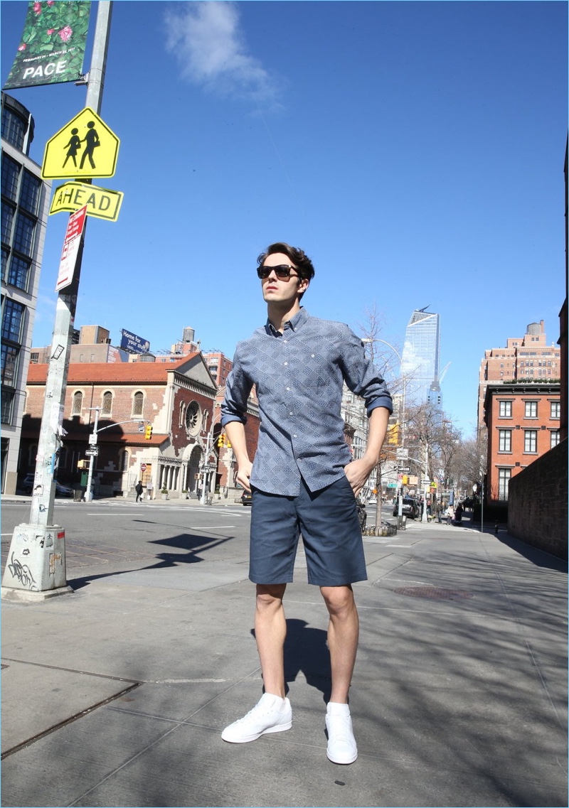 Argyleculture brings together smart street style with a roll-sleeve button front shirt and chino shorts.