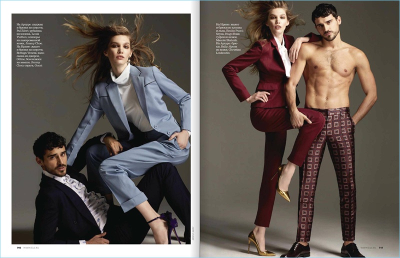 Taking to the studio with Irina Nikolaeva, Arthur Kulkov dons a Bottega Veneta suit. Right: Arthur goes shirtless in a pair of trousers by Bally.