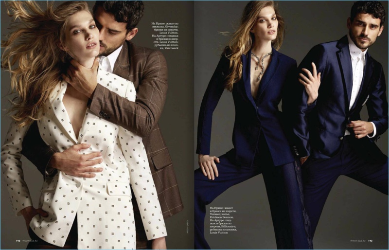 Left: Embracing Irina Nikolaeva, Arthur Kulkov wears a windowpane print Louis Vuitton suit. Right: Arthur wears a blue Billionaire suit.