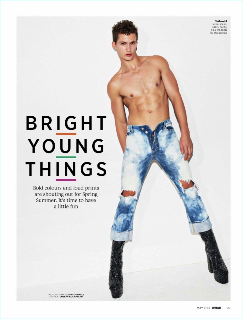 Nathaniel Visser goes shirtless in a pair of Dsquared2 jeans and platform boots.