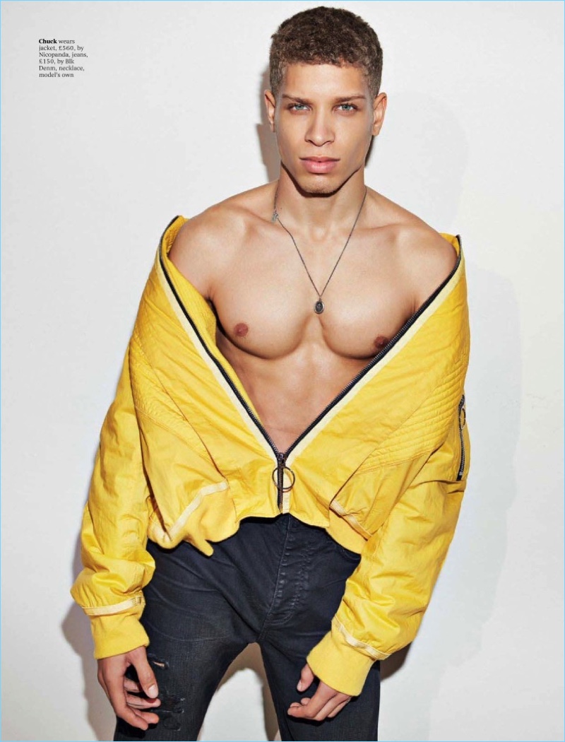 Model Chuck Achike sports a yellow jacket by Nicopanda with BLK DNM jeans.