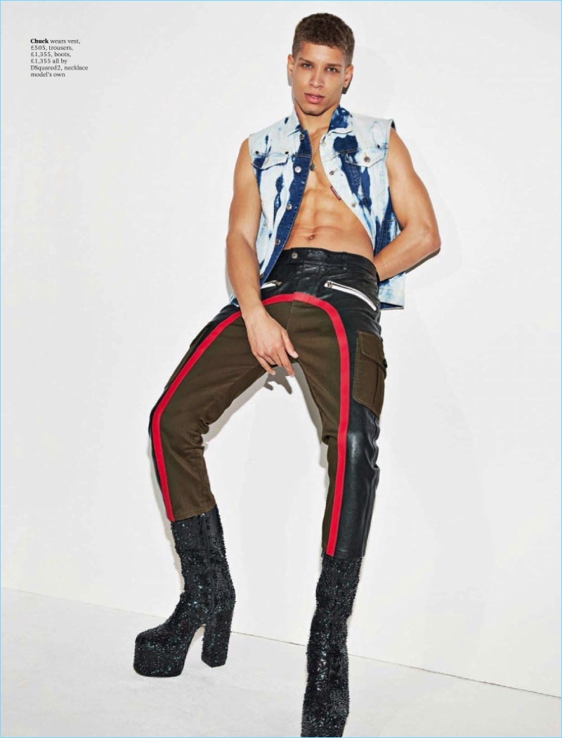 Front and center, Chuck Achike wears an outlandish spring look from Dsquared2.
