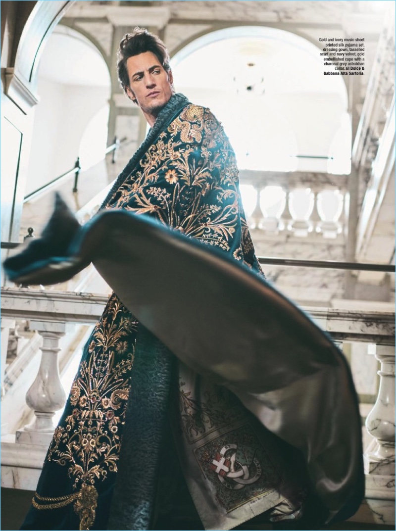 Appearing in an editorial for The Rake, Axel Hermann models a look from Dolce & Gabbana Alta Sartoria.