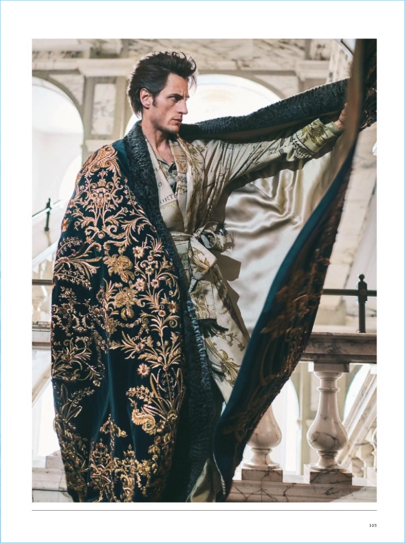 Axel Hermann dons decadent printed fashions from Dolce & Gabbana Alta Sartoria.