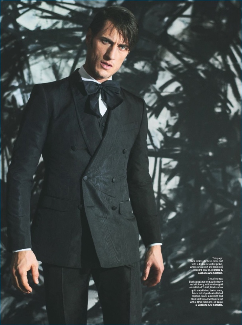 Donning evening tailoring, Axel Hermann wears a double-breasted suit by Dolce & Gabbana Alta Sartoria.