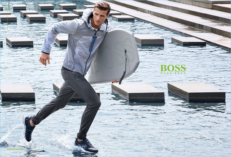 British model Edward Wilding makes a sporty dash in BOSS Green's spring-summer 2017 campaign.