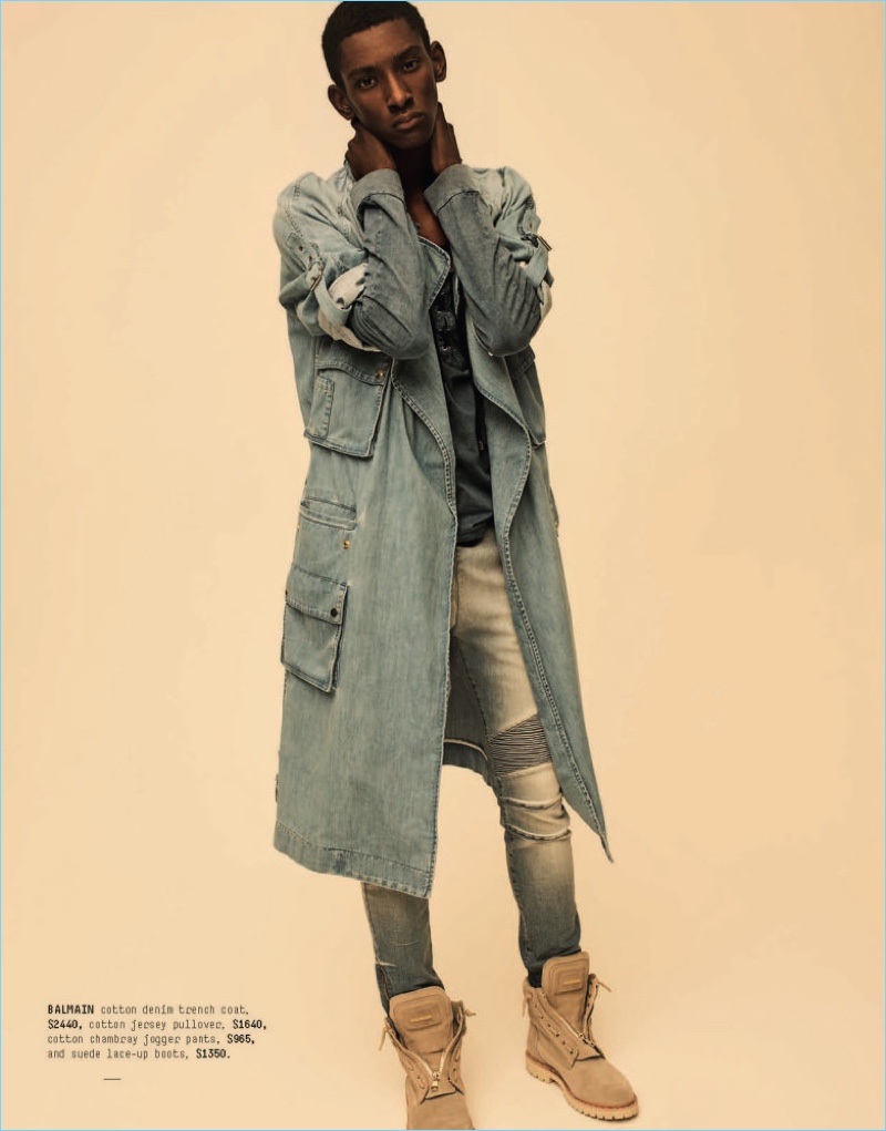 Sporting fashions from Balmain, Myles Dominique rocks standouts such as a denim belted trench coat $1,459.