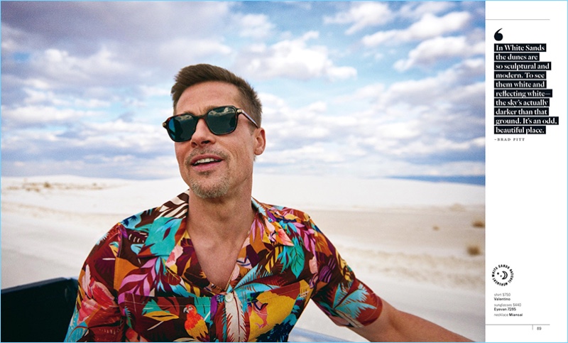 Actor Brad Pitt wears a Valentino shirt with Eyevan 7285 sunglasses and a Miansai necklace.