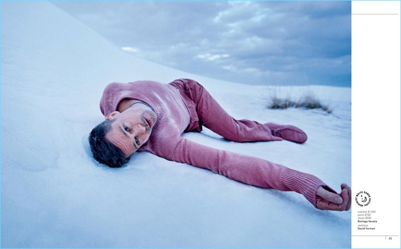 Heading to the White Sands National Monument, Brad Pitt wears a sweater, pants, and shoes by Bottega Veneta. He also sports a David Yurman necklace.