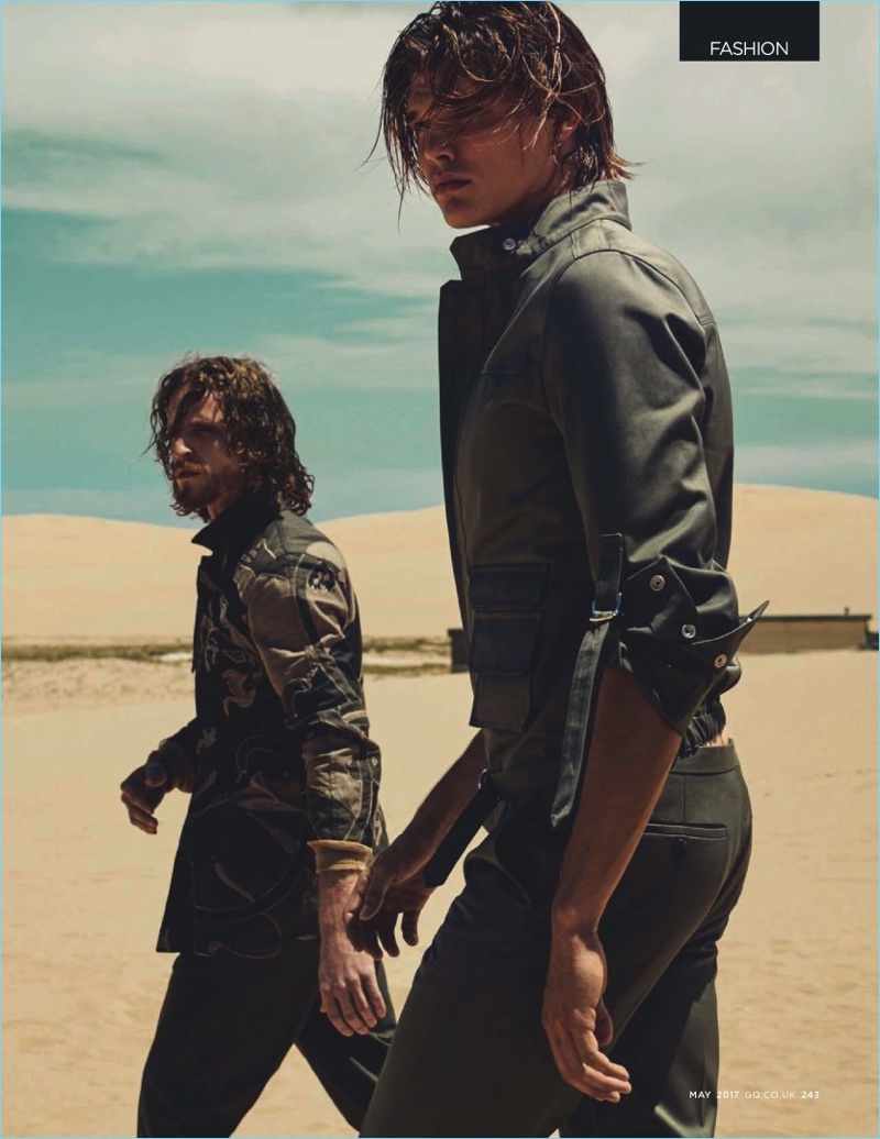 Models Brendon Beck and Jesse Gwin star in an editorial for British GQ, wearing Valentino looks.