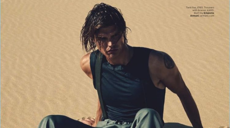 Nick Leary photographs Jesse Gwin in a tank, trousers, and suspenders by Emporio Armani.