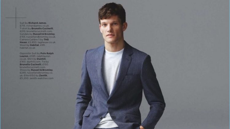 Danny Beauchamp dons a Richard James suit with a Brunello Cucinelli t-shirt and Russell & Bromley sandals.