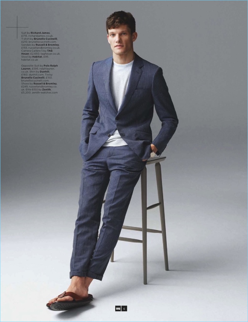 Danny Beauchamp dons a Richard James suit with a Brunello Cucinelli t-shirt and Russell & Bromley sandals.