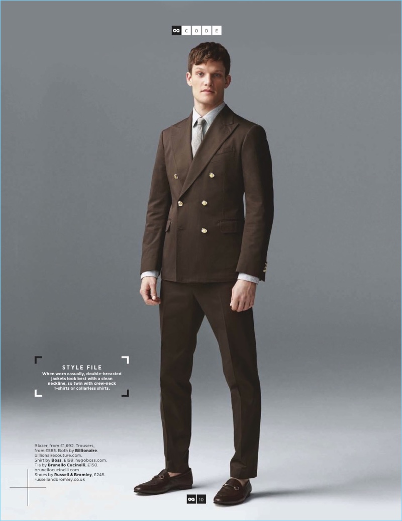 Starring in an editorial for British GQ, Danny Beauchamp wears a brown Billionaire suit with a BOSS Hugo Boss shirt. He also sports a Brunello Cucinelli tie and Russell & Bromley shoes.