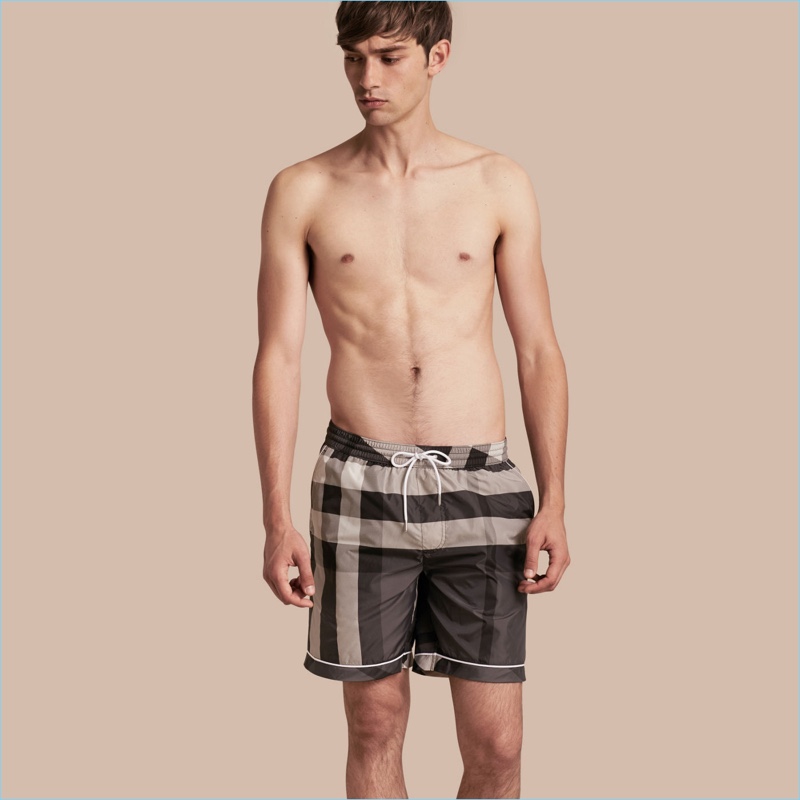 Burberry Check Print Swim Shorts with Piping Detail