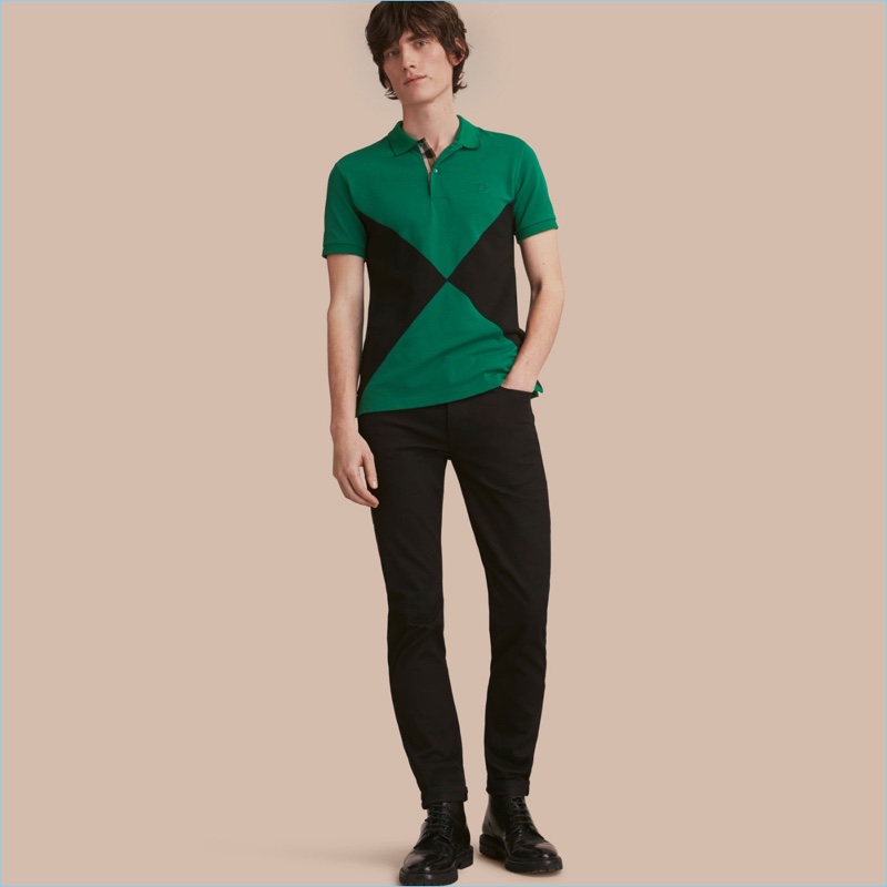 Burberry Geometric Motif Cotton Piqué Polo Shirt with Check Placket