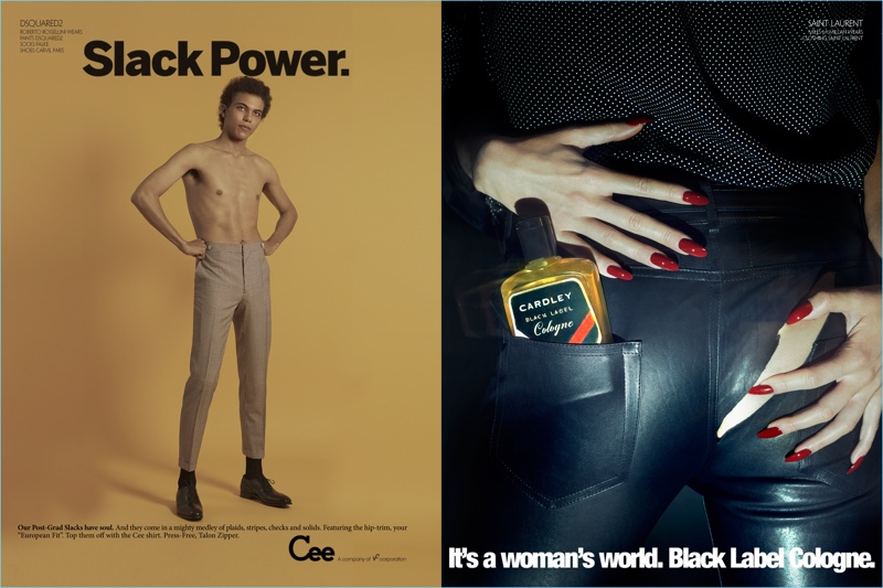 Left: Roberto Rossellini goes shirtless in Dsquared2 trousers and Carvil Paris shoes. Right: Miles McMillan sports leather Saint Laurent pants with a micro dot print shirt.