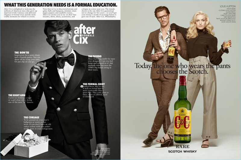 Left: Sebastian James dons a sharp Balmain tuxedo with a shirt and bow-tie by Tom Ford. Right: Posing with Carlotta Kohl, Shaun DeWet sports a windowpane print Louis Vuitton with a silk shirt. He also wears Persol glasses and Carvil Paris shoes.