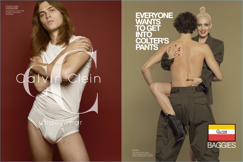 Left: Michael Bailey Gates wears Calvin Klein underwear. Right: Carlotta dips her hand into the JUUN.J pants of Miles McMillan.