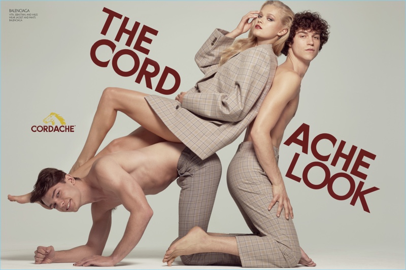 Sebastian James, Vita, and Miles McMillan wears suiting pieces by Balenciaga.