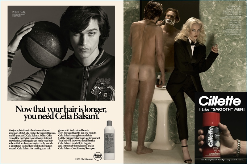 Left: Miles McMillan rocks a Philipp Plein varsity jacket. Right: A nude Brad Kroenig poses with Carlotta, who wears a Givenchy suit.