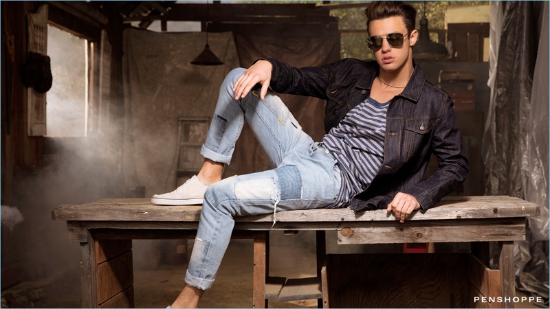 Cameron Dallas models a denim jacket, striped tee, and jeans for Penshoppe's spring-summer 2017 DenimLab campaign.