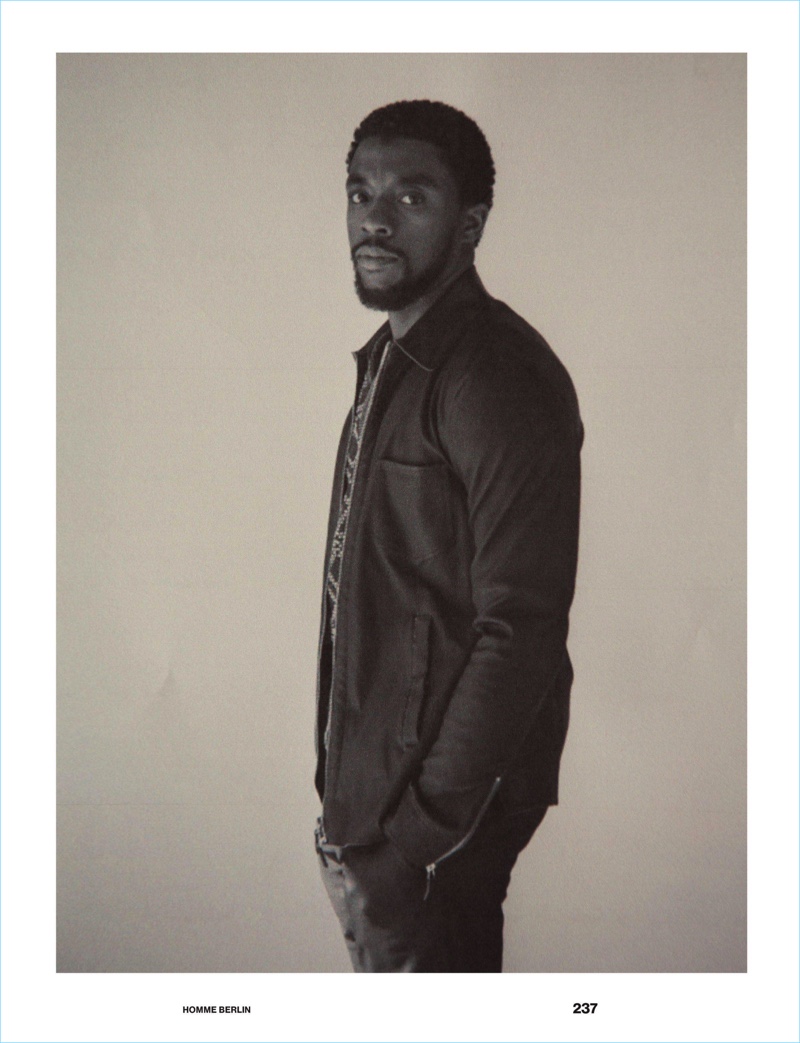Sporting a Giorgio Armani look, Chadwick Boseman appears in a Numéro Homme Berlin shoot.