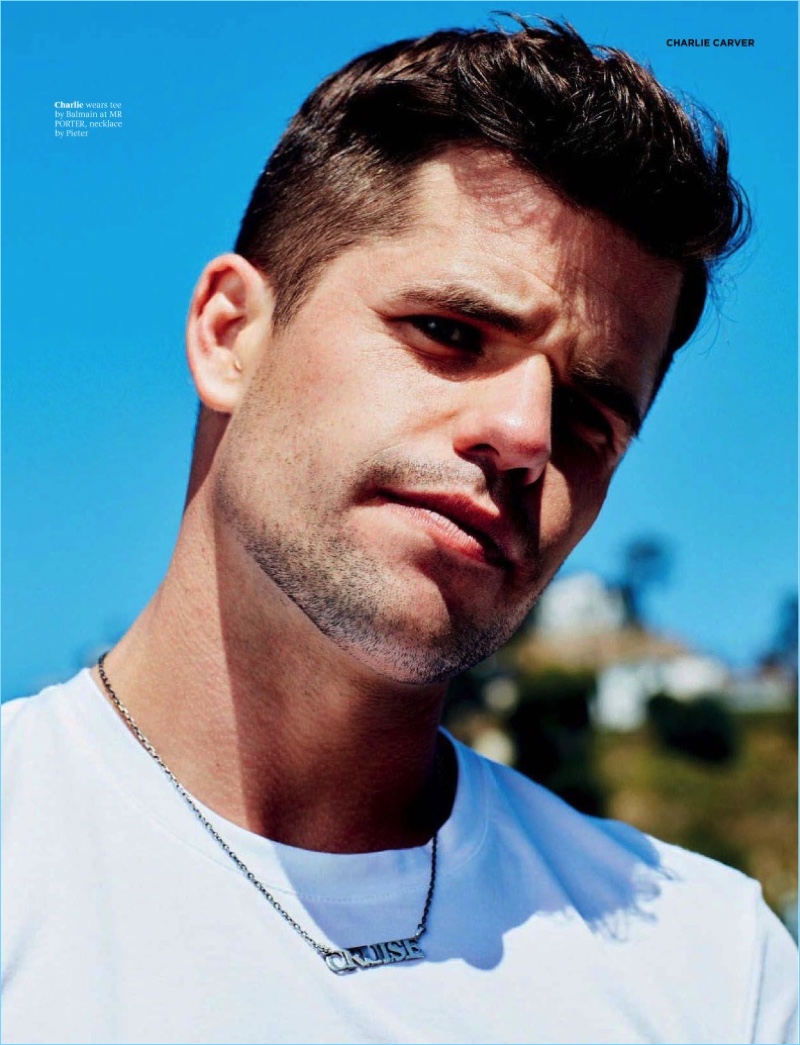 Leigh Keily photographs Charlie Carver in a Balmain tee and Pieter necklace for Attitude magazine.