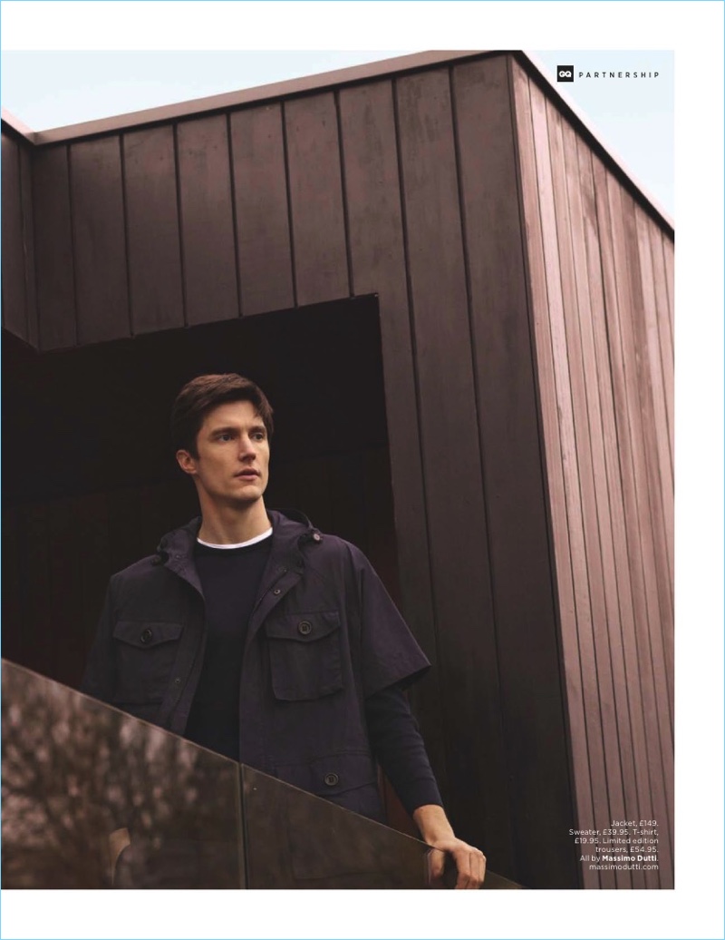 Charlie Timms wears a short-sleeve jacket with a sweater and t-shirt by Massimo Dutti.