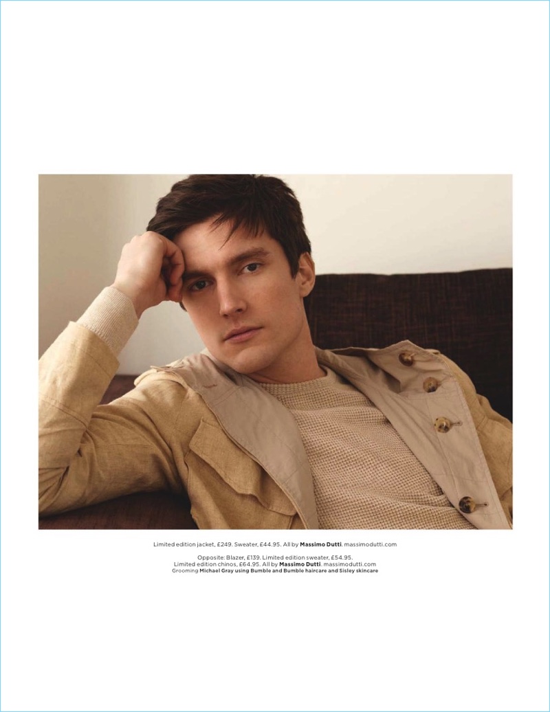 Appearing in a Massimo Dutti advertorial for British GQ, Charlie Timms wears a neutral Limited Edition jacket with a sweater.