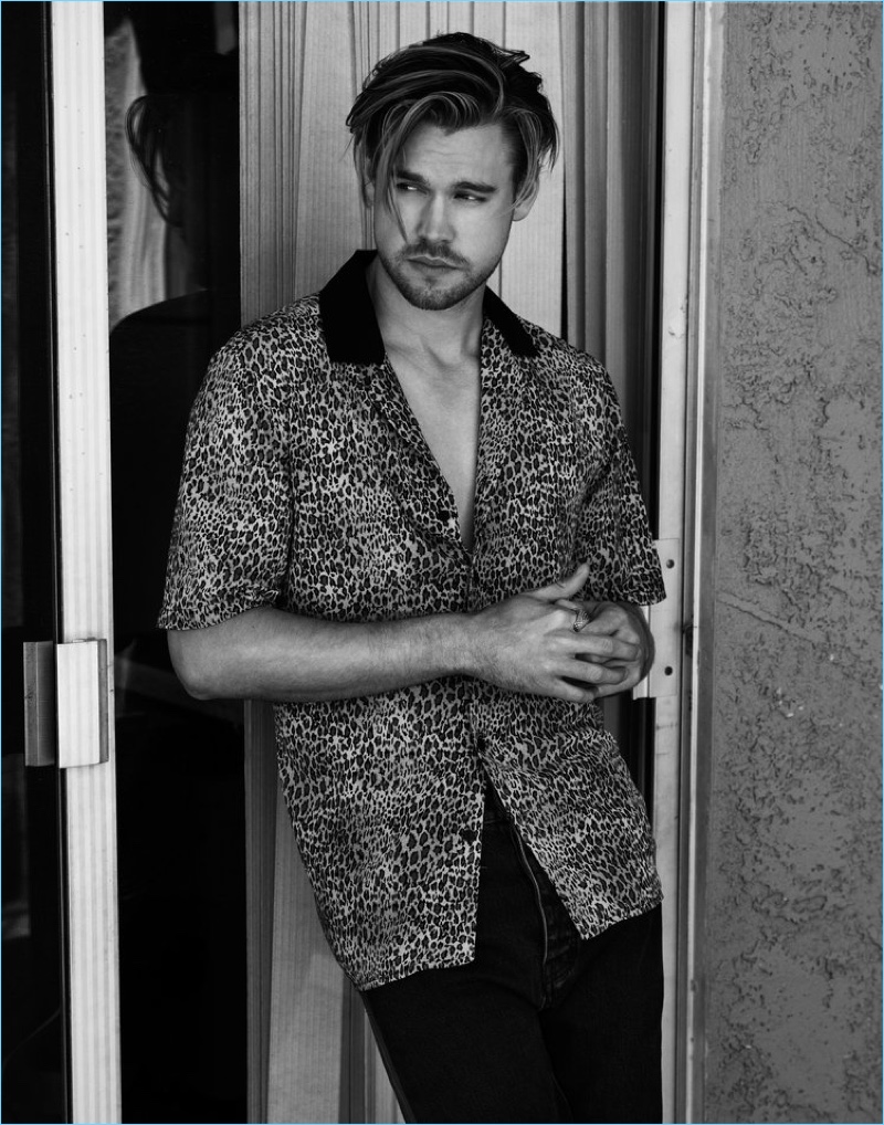 Singer Chord Overstreet sports a vintage leopard print shirt with Balenciaga jeans.