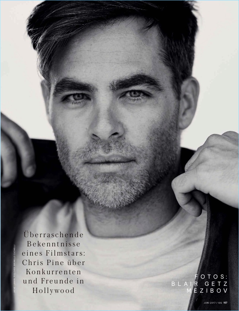 Actor Chris Pine wears a Lanvin jacket with a Brunello Cucinelli pullover.