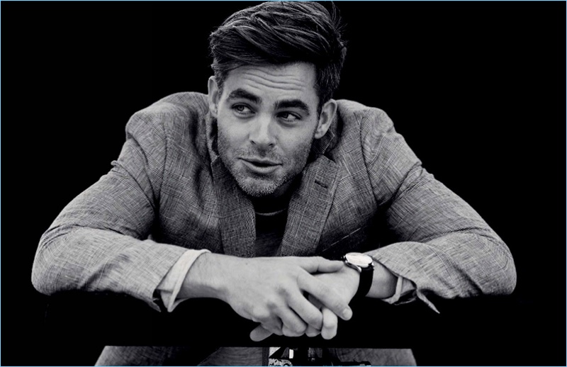 Blair Getz Mezibov photographs Chris Pine in a Brooks Brother blazer with a Bassike t-shirt, and Jaeger-Lecoultre watch.