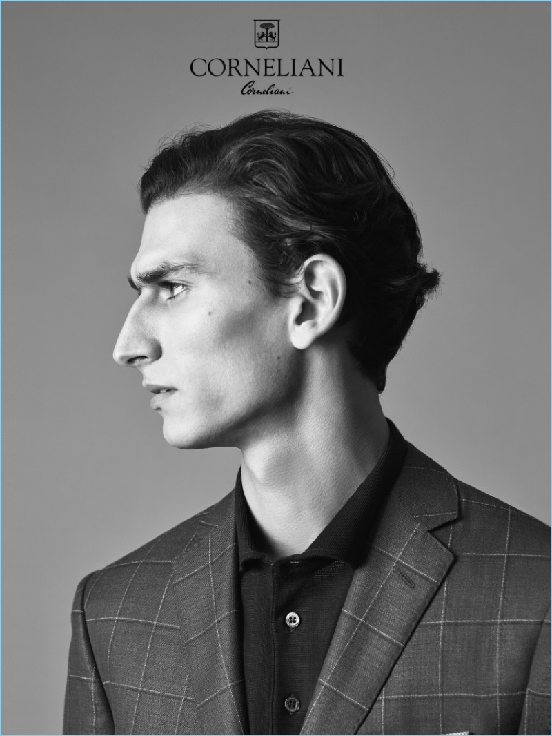 Delivering a side profile, Thibaud Charon fronts Corneliani's spring-summer 2017 campaign.