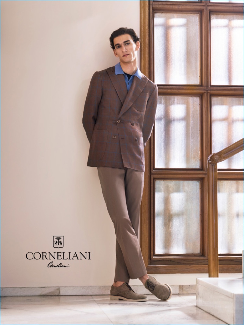 Front and center, Thibaud Charon dons a chic look from Corneliani for the brand's spring-summer 2017 campaign.