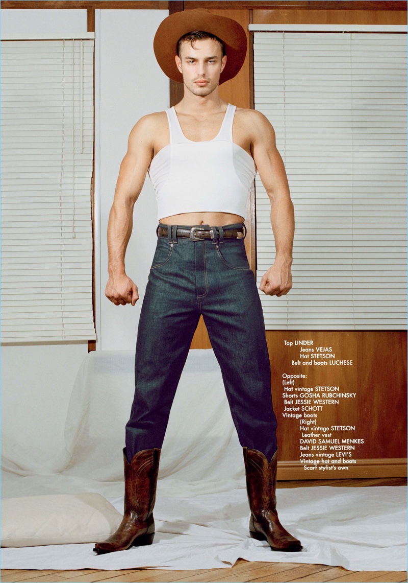 Denek Kania rocks a Linder tank with Vejas jeans, a Stetson hat, and a belt and boots by Luchese. 