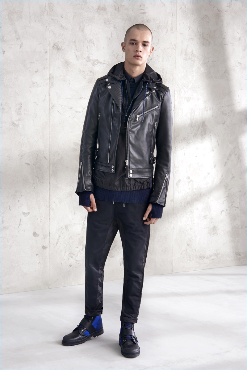 A cool edge is amplified with one of Diesel Black Gold's wardrobe staples–the leather biker jacket.