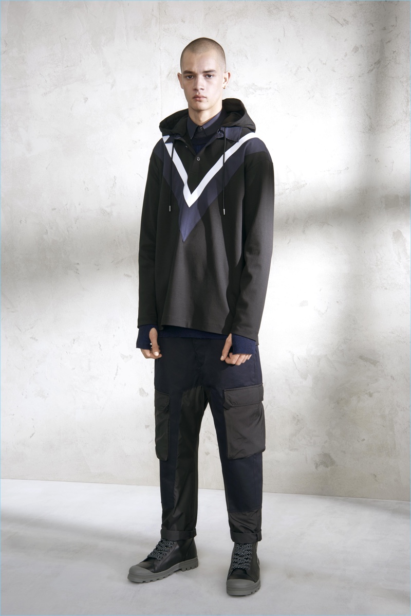 A hooded jacket provides a graphic point of interest for Diesel Black Gold's resort 2018 collection. » Contemporary Urban Hiker: Diesel Black Gold Presents Resort 2018 Collection A hooded jacket provides a graphic point of interest for Diesel Black Gold's resort 2018 collection.