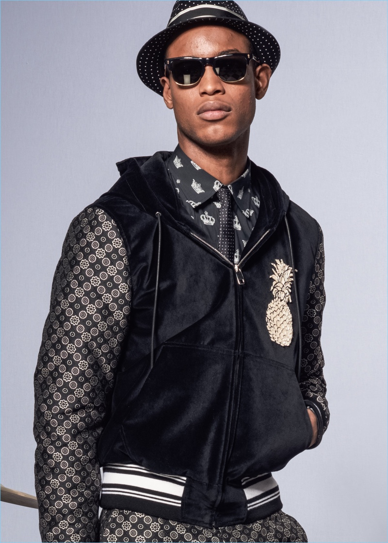 A cool vision, Conrad Bromfield wears club-inspired fashions from Dolce & Gabbana.