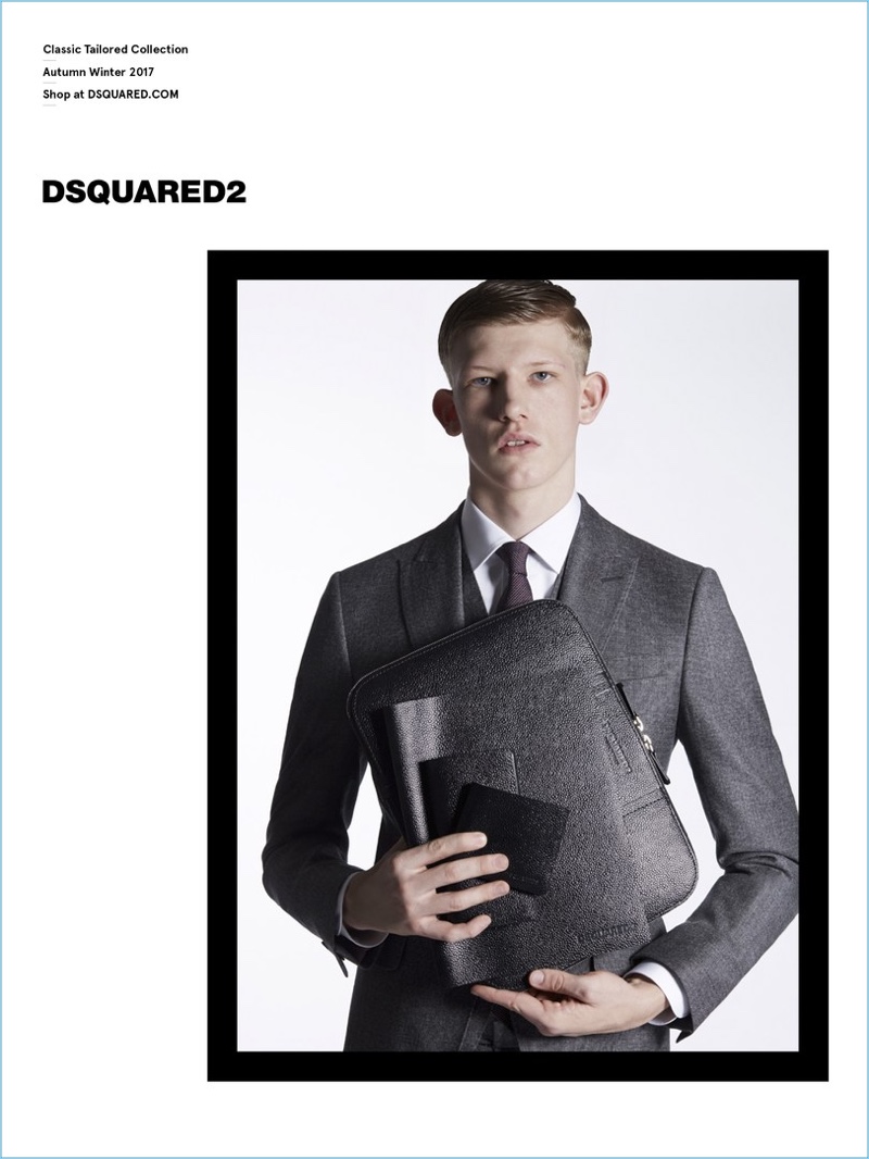 Connor Newall suits up for Dsquared2's Classic Tailored Collection fall-winter 2017 campaign.