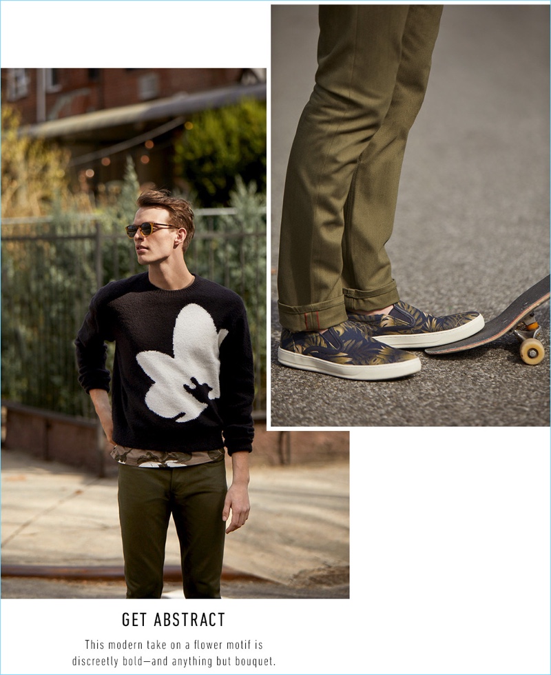 Left: Rocky Harwood sports a 3.1 Phillip Lim boxy crew neck sweater $450 and double sleeve night floral tee $105. Rocky also sports Naked & Famous selvedge jeans $150. Right: Rocky wears Naked & Famous selvedge jeans with Vince palm printed slip on sneakers $150.