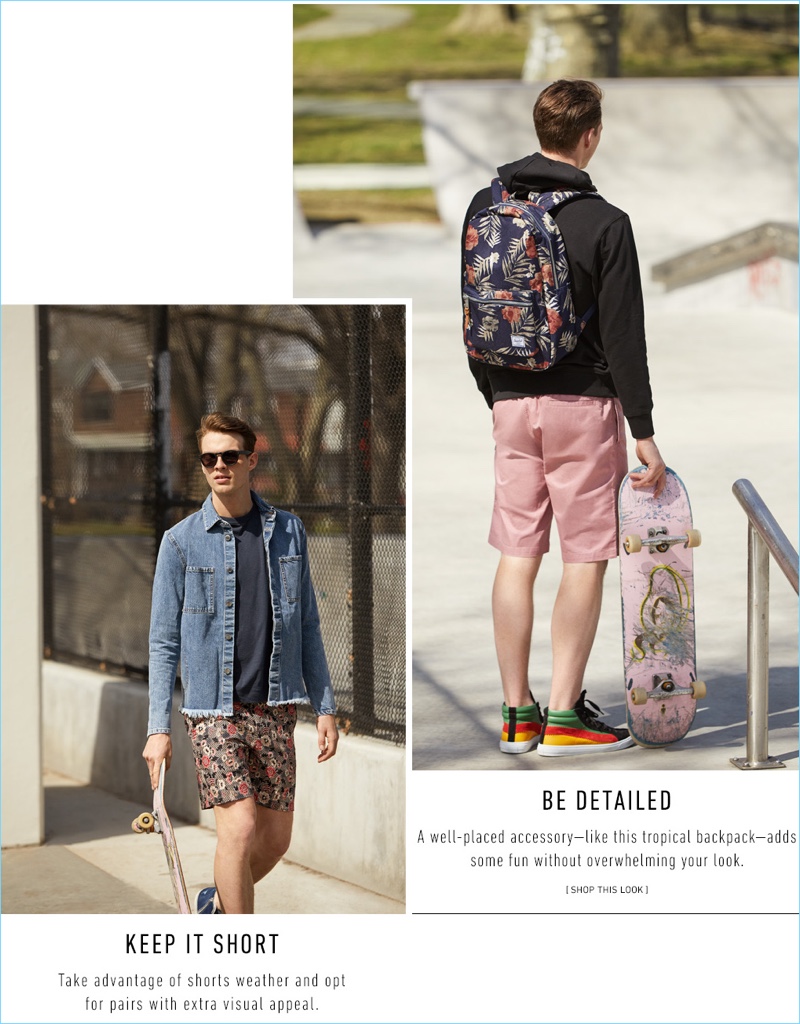 Left: Rocky Harwood models Club Monaco floral shorts $89.50, Cheap Monday denim shirt jacket $87.50, a Theory tee $105, Golden Goose slide sneakers $530, and Oliver Peoples sunglasses $430. Right: Rocky wears Stüssy pink beach shorts $42, a Carhartt WIP x PAM Radio Club hoodie $115, Paul Smith Lynn hi-top sneakers $297, and a Herschel Supply Co. floral print backpack $30.