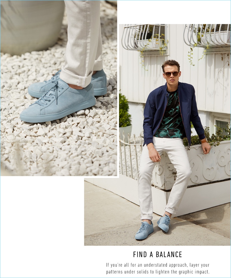 Connecting with East Dane, Rocky Harwood wears an AMI flower print tee, Baldwin Denim white jeans $146.25, and a Baracuta G9 modern classic jacket $390. Rocky also sports Clae sneakers $78, a Nixon watch $275, and Steven Alan sunglasses $165.
